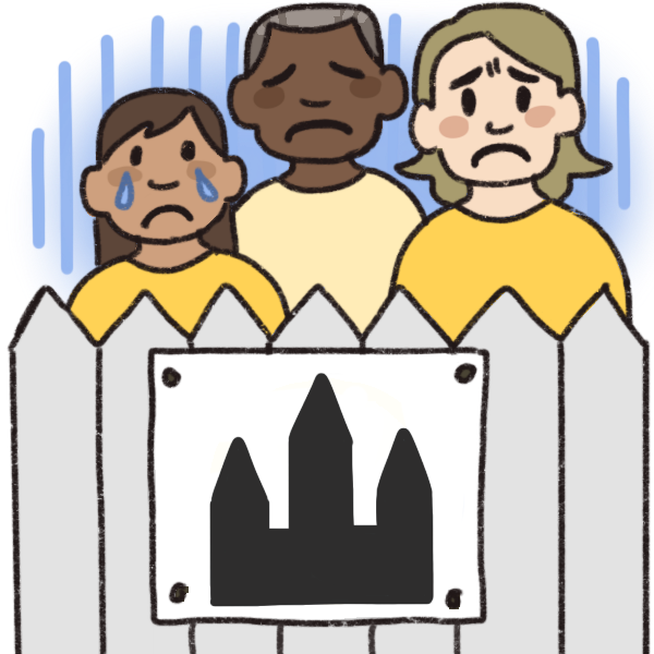 Three people wearing matching shirts behind a picket fence with a sign on it. They have sad faces and a blue haze behind them. The sign on the fence has the silhouette of a Mormon temple on it.