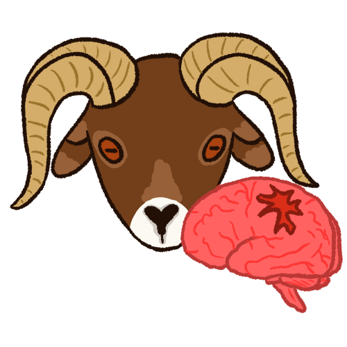 A digitally drawn emoji of a ram's face next to a human brain with an injury on it.