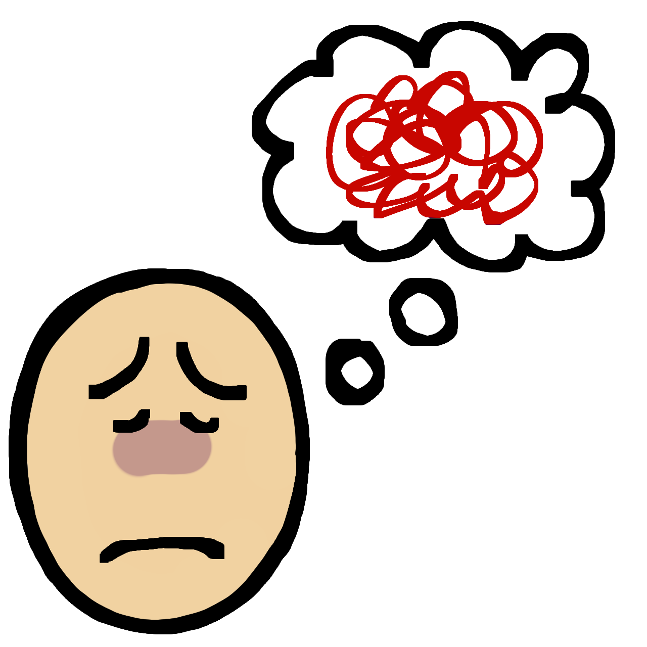 A worried face, eyes closed, with a thought bubble filled with overlapping red swirls.