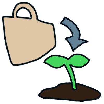 a light brown bag with an arrow pointing from it to a sprouting plant in dark brown soil.