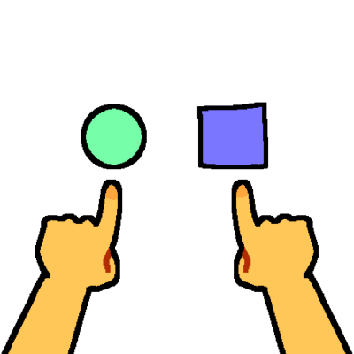 two emoji yellow hands, one pointing to a green circle and one pointing to a blue square.