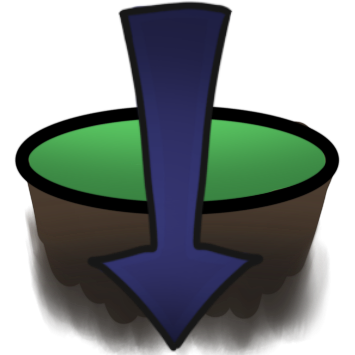 a dark blue downwards arrow pointing through a green disc, which has gradually fading dark brown beneath it, to empty space below.