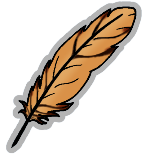 An orange feather with dark brown stripes surrounded by a light grey border