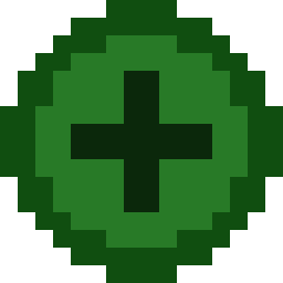 pixelated circle, green with a plus sign.