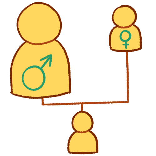  A drawing of a simplified family tree showing a large person with a male symbol on them, a small person with a female symbol on them, and a line between them leading to an unmarked person. 