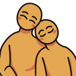  two figures sitting next to each other, overlapping, from the waist up. One is leaning their head on the other’s shoulder. They both have their eyes closed contentedly.