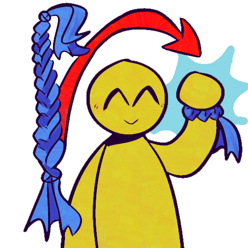 A drawing of a braid made of blue fabric or string next to a smiling yellow person holding their wrist up, wearing the braid as a bracelet. An arrow goes from the braid to the person’s wrist with the bracelet. There is a light blue starburst shape behind their wrist.