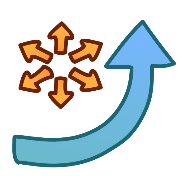 a curved blue arrow pointing up, next to it, above the curve, are 6 yellow arrows radiating out in a circle.