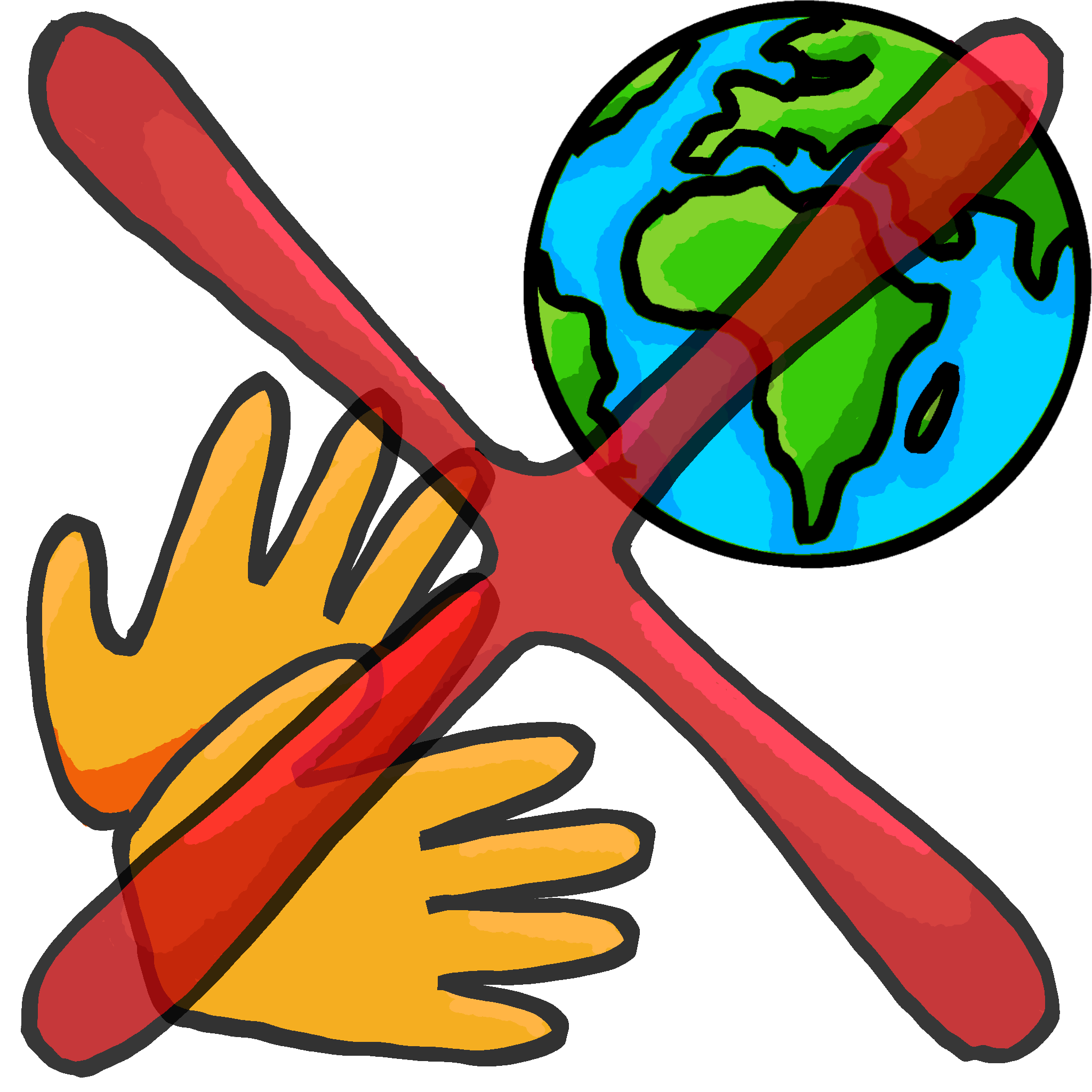 Two yellow hands next to a drawing of Earth, with a large red X crossing out the entire image.